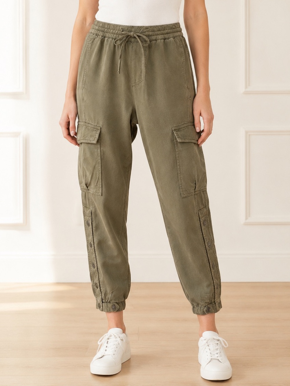 Pam & Gela Cargo Jogger Pants Size P / XS Army Green Lyocell Snap Leg Utility